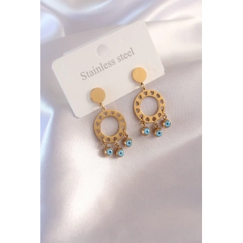 Çelik Gold Renk Daire Model Nazar Boncuk Detay Kadın Küpe