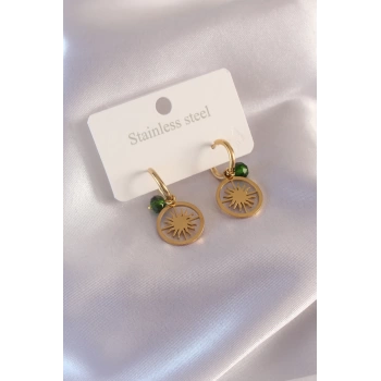 Çelik Gold Renk Güneş Figür Yeşil Kristal Detay Kadın Küpe