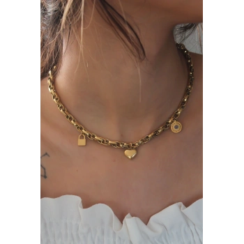 Çelik Gold Renk Kalın Zincir Model Kalp Figür Kadın Kolye