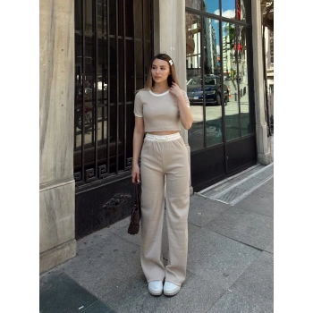 Crop pantolon biyeli takım bej