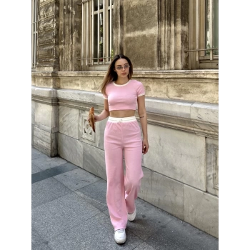 Crop pantolon biyeli takım pembe