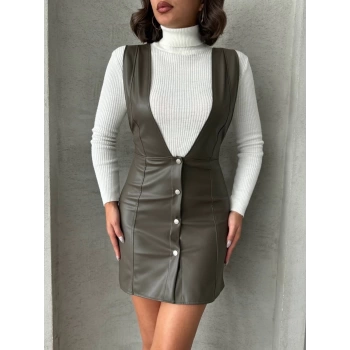 Deri jile elbise haki w24796