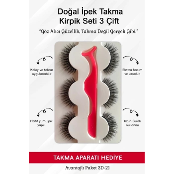 Doğal İpek Takma Kirpik 3 Çift + Kirpik Takma Aparatı 3d-21