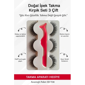 Doğal İpek Takma Kirpik 3 Çift + Kirpik Takma Aparatı 3d-32