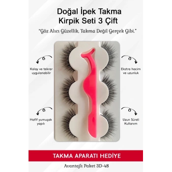 Doğal İpek Takma Kirpik 3 Çift + Kirpik Takma Aparatı 3d-48