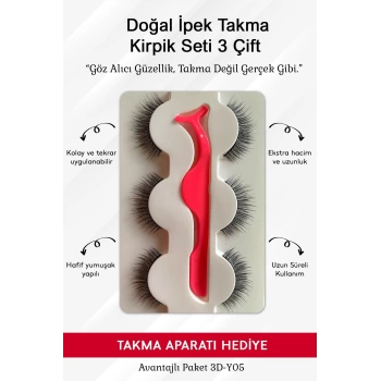 Doğal İpek Takma Kirpik 3 Çift + Kirpik Takma Aparatı 3d-y05