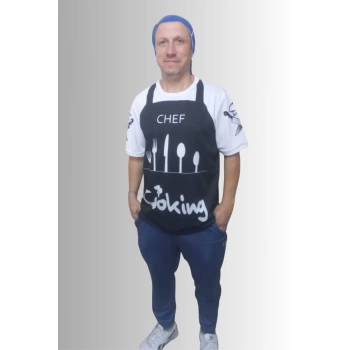 Erkek T-Shirt Chef Cooking Önlük Baskılı Siyah (Kesik Elyaf Kumaş)