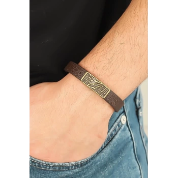 Eskitme Metal Zebra Aksesuarlı Kahverengi Deri Erkek Bileklik