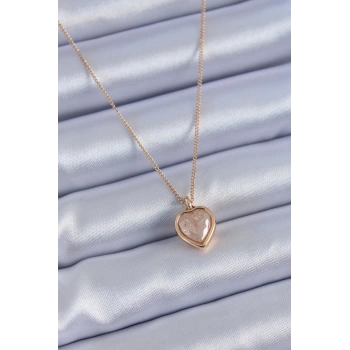 Gold Renk Krem Renk Simli Kalp Model Kadın Kolye
