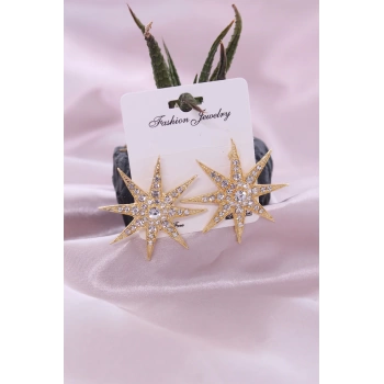 Gold Renk Metal Zirkon Taşlı Kutup Yıldızı Model Kadın Küpe Seti