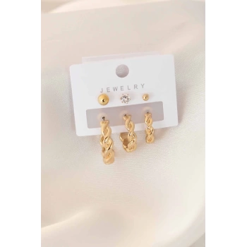 Gold Renk Sarmal Halka Zirkon Taş Detay Kadın Küpe Seti