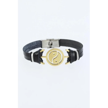 Gold Renk Yin Yang Figürlü Metal Aksesuarlı Siyah Renk Deri Erkek Bileklik