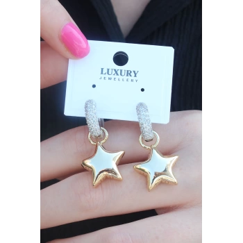 Gold Renk Zirkon Taşlı Halka Yıldız Figür Pirinç Kadın Küpe