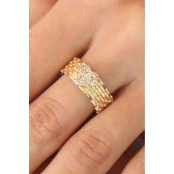 Gold Renk Zirkon Taşlı Kalpli Kadın Yüzük