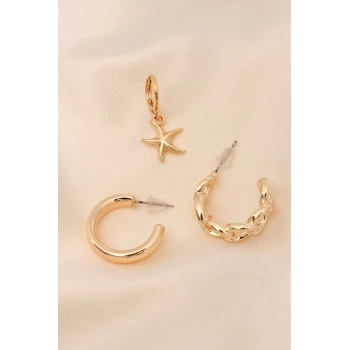 Gold Renkli Metal Minimal Deniz Yıldızı Burgu Detaylı Yarım Halka Küpe Seti