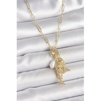 İnci Detaylı Zirkon Taşlı Çiftli Balık Figürlü Gold Renk Pirinç Kolye