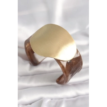 Kahverengi Mermer Desen Akrilik Plastik Gold Daire Plaka Model Vintage Kadın Bilezik
