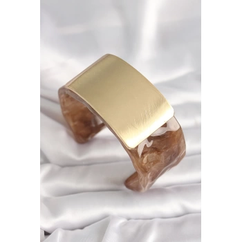 Kahverengi Mermer Desen Akrilik Platik Gold Dikdörtgen Plaka Model Vintage Kadın Bilezik