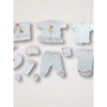 Kalpli Uçan Balon Nakışlı %100 Cotton Antibakteriyel 10lu Zıbın Takımı Hastane Çıkışı