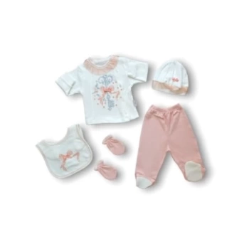 Kanaviçe Nakışlı %100 Cotton Antibakteriyel 5li Zıbın Takımı Hastane Çıkışı