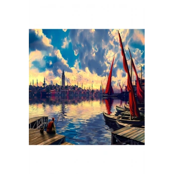 Kanvas Sayılarla Boyama Seti Kasnaklı-çerçeveli Galatada Balık Keyfi
