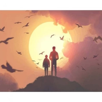 Kanvas Sayılarla Boyama Seti Kasnaklı-çerçeveli Güneş Doğarken Baba Ve Oğul