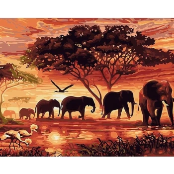 Kanvas Sayılarla Boyama Seti Kasnaklı-çerçeveli Savan Ağacı Ve Filler Afrika