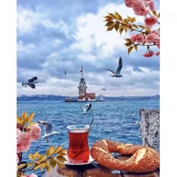 Kanvas Sayılarla Boyama Seti Kasnaklı-çerçeveli Üsküdar Da Çay Simit