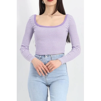 Kare Yaka Çizgili Crop Body Lila - 19336.1567.