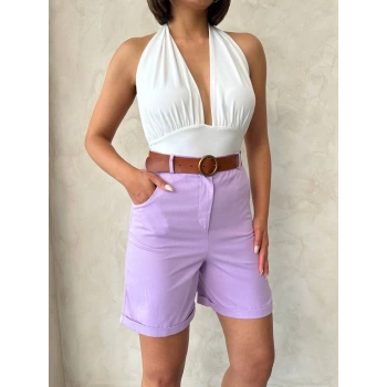 Kemerli gabardin şort lila s25735