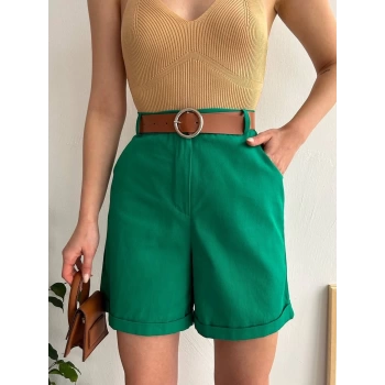 Kemerli gabardin şort yeşil s25735