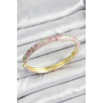 Mineli Gold Renk Pirinç Pembe Çiçek Desenli Kadın Kelepçe