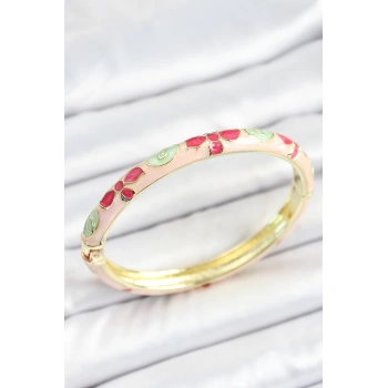 Mineli Pirinç Beyaz Pembe Yeşil Çiçek Desenli Gold Renk Kadın Kelepçe