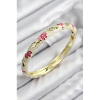 Mineli Pirinç Çiçek Motifli Gold Renk Kadın Kelepçe