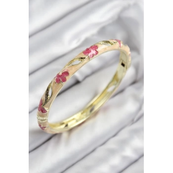 Mineli Pirinç Çiçek Motifli Gold Renk Kadın Kelepçe