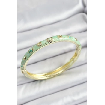 Mineli Pirinç Gold Renk Açık Yeşil Motif Desenli Kadın Kelepçe