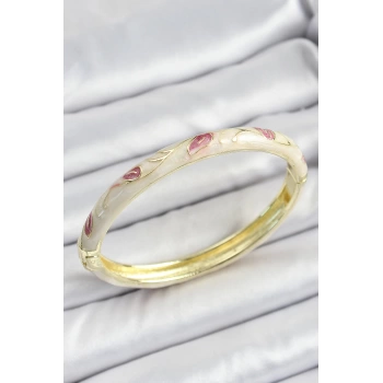 Mineli Pirinç Gold Renk Krem Çiçek Motifli Kadın Kelepçe