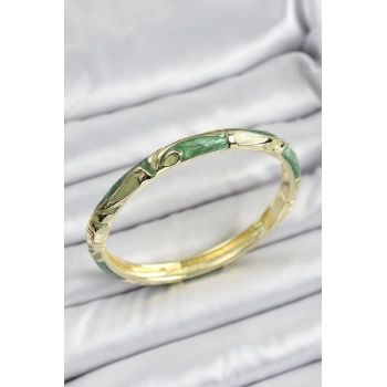 Mineli Pirinç Gold Renk Yeşil Çiçek Motifli Kadın Kelepçe