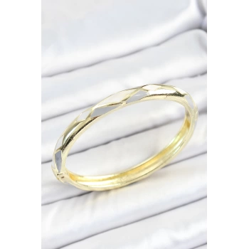 Mineli Pirinç Gri Beyaz Baklava Desenli Gold Renk Kadın Kelepçe
