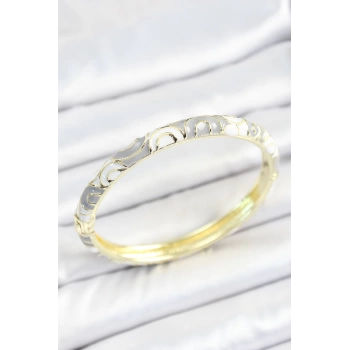 Mineli Pirinç Gri Beyaz Sarmal Desenli Gold Renk Kadın Kelepçe