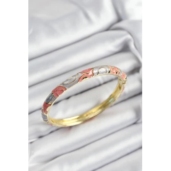 Mineli Pirinç Gri Ve Pembe Sarmal Motifli Gold Renk Kadın Kelepçe