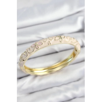 Mineli Pirinç Krem Çiçek Motifli Gold Kadın Kelepçe
