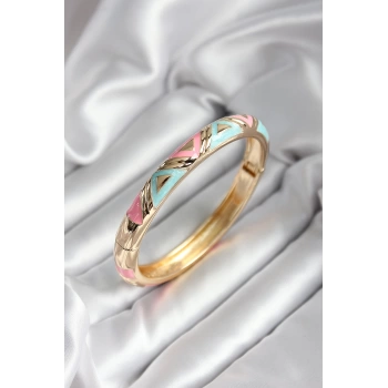 Mineli Pirinç Mavi Ve Pembe Üçgen Desenli Gold Renk Kadın Kelepçe (çap 60 mm)