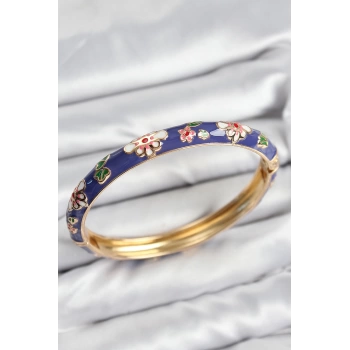 Mineli Pirinç Mor Çiçek Motifli Gold Kadın Kelepçe