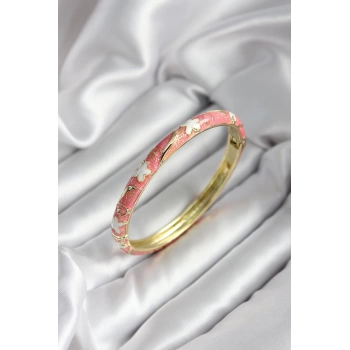 Mineli Pirinç Pembe Çiçek Desenli Gold Renk Kadın Kelepçe (çap 60 mm)