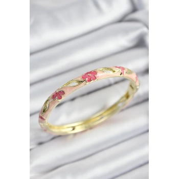 Mineli Pirinç Pembe Çiçek Motifli Gold Renk Kadın Kelepçe