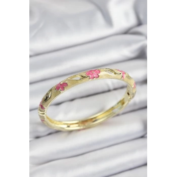 Mineli Pirinç Pembe Ve Hardal Çiçek Motifli Gold Renk Kadın Kelepçe