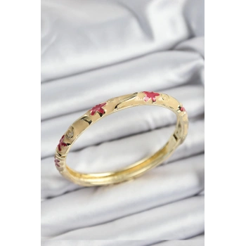 Mineli Pirinç Pembe Ve Krem Çiçek Motifli Gold Renk Kadın Kelepçe