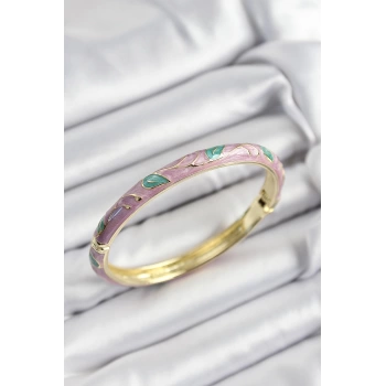 Mineli Pirinç Pembe Ve Yeşil Yaprak Motifli Gold Renk Kadın Kelepçe