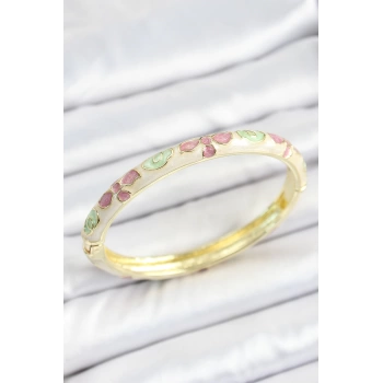 Mineli Pirinç Yeşil Pembe Çiçek Desenli Gold Renk Kadın Kelepçe